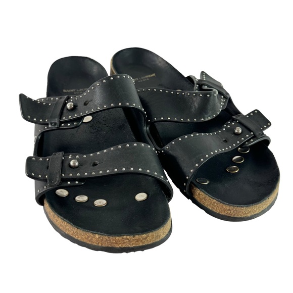 SAINT LAURENT Black Leather Jimmy Stud Straps Slides Women Made in Italy 41-10US - Picture 4 of 13